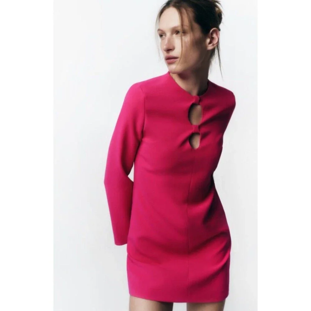 Hot Pink Zara Front Cutout Flare Sleeve Round Neck Mini Dress (NWT) - Picture 5 of 11